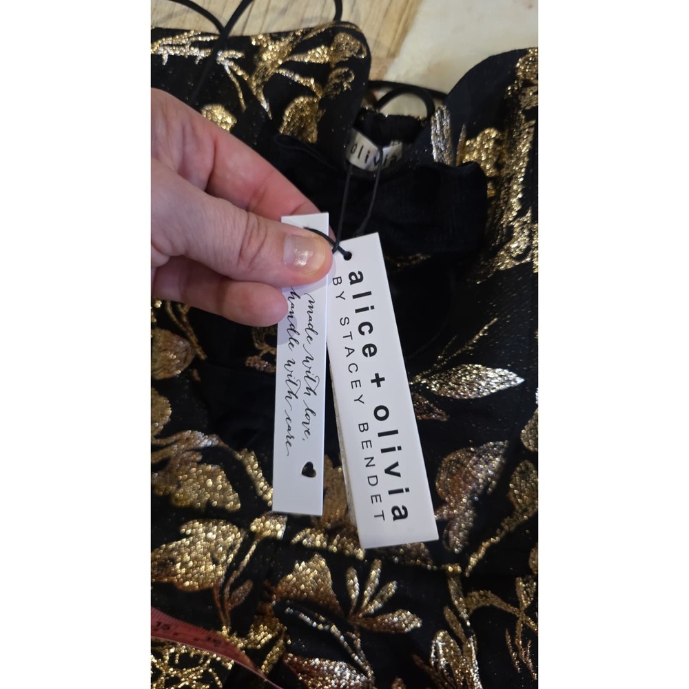 Alice + Olivia Black Gold Metallic Floral Brocade Mini Dress Bow Cocktail 2 - Picture 15 of 15